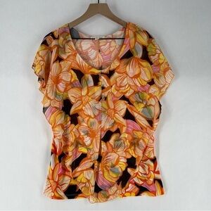 Clover +‎ Pine Tropical Floral Chiffon Layered Scoop Neck Flutter Sleeve Blouse